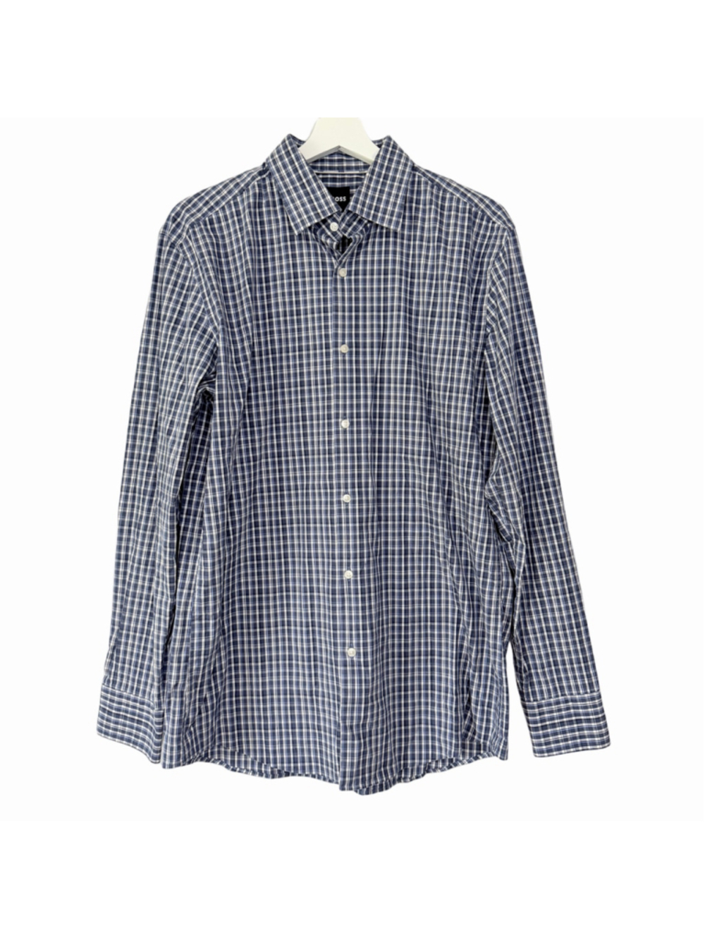 Hugo Boss Slim Fit Stretch Plaid Button Down Shirt Blue White Men's Neck 16.5